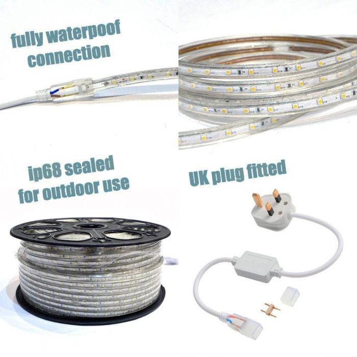 220v LED Strip Light UK Plug Warm White 1 Metre 100 Metre Lengths