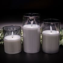 Grey Battery Wax Candle, Realistic Flame, Smoked Glass Holders, 3 Pack